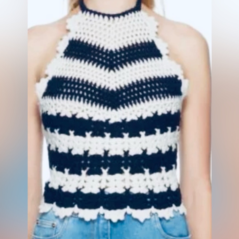 Gucci Navy and Cream Crochet Halterneck Top